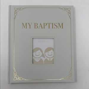 Baptism Journal with Gold Accents, front Cover open for a photo display. Book